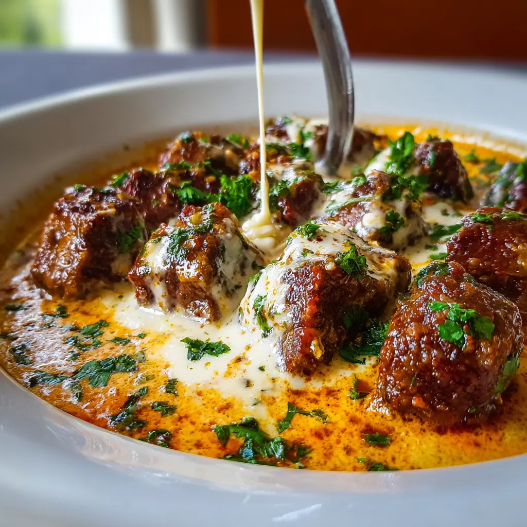 Trocitos de carne en salsa de mantequilla de ajo con crema de parmesano