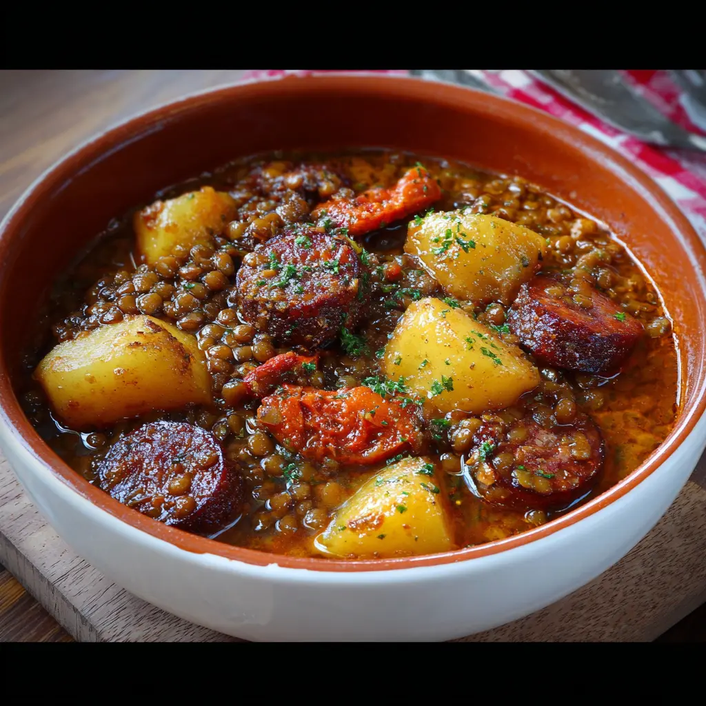 Lentejas con chorizo, morcilla y patata