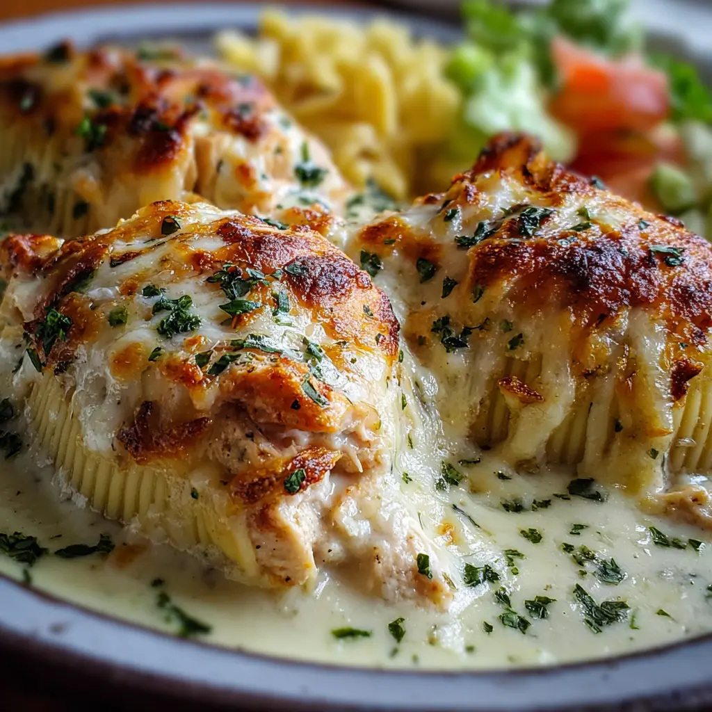 Conchas Rellenas de Pollo con Salsa Alfredo Cremosa