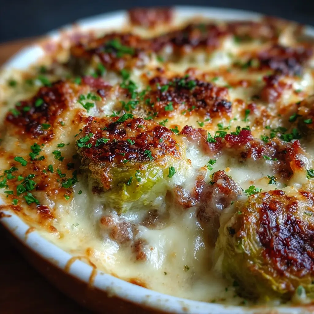 Gratinado cremoso de coles de Bruselas con parmesano y carne