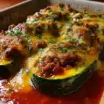 Calabacines Rellenos Gratinados con Carne y Salsa de Tomate.