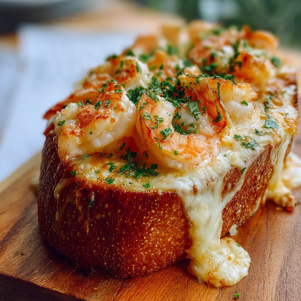 Tazón de pan con camarones al ajo y queso