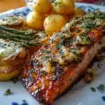 Plato de salmón glaseado con espárragos gratinados y papas a las hierbas