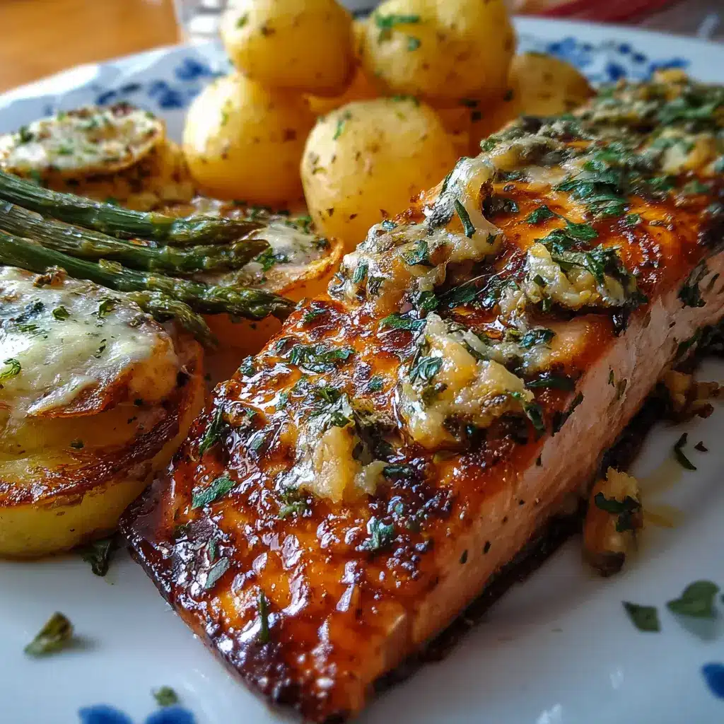 Plato de salmón glaseado con espárragos gratinados y papas a las hierbas