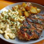 Pollo a la plancha con pasta cremosa de ajo y papas asadas