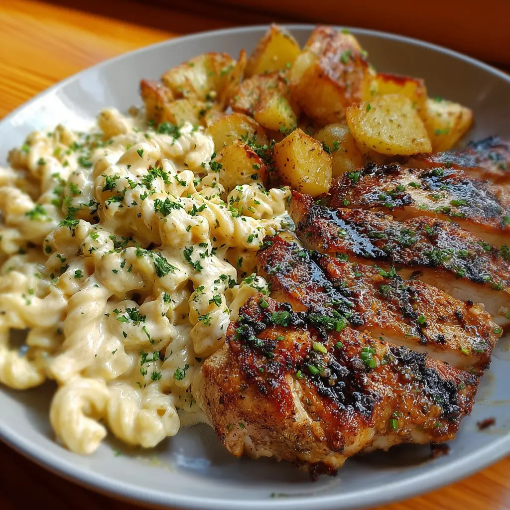 Pollo a la plancha con pasta cremosa de ajo y papas asadas