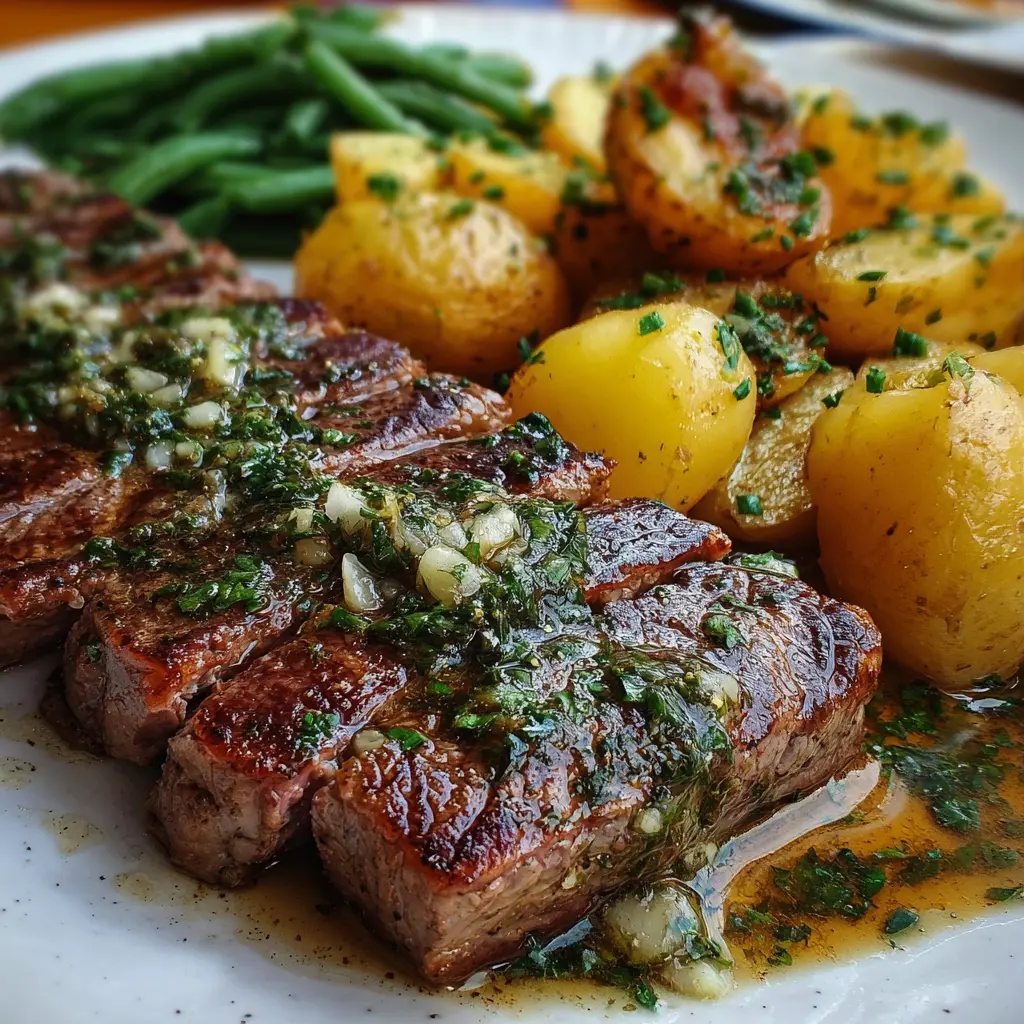 Filete a la Plancha con Mantequilla de Ajo, Patatas con Hierbas y Judías Verdes