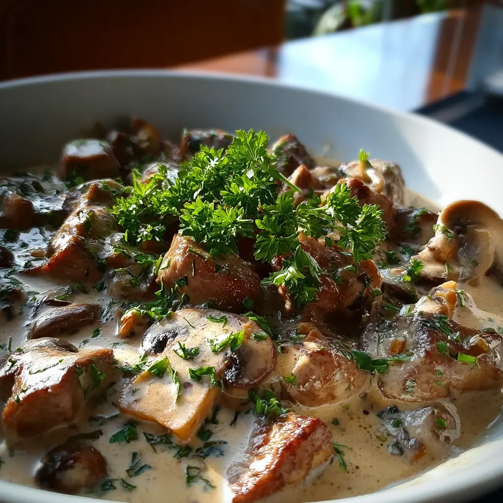 Ternera cremosa con champiñones