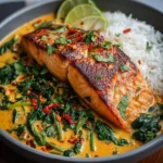 Salmón con curry de coco y espinacas frescas 🐟🥬