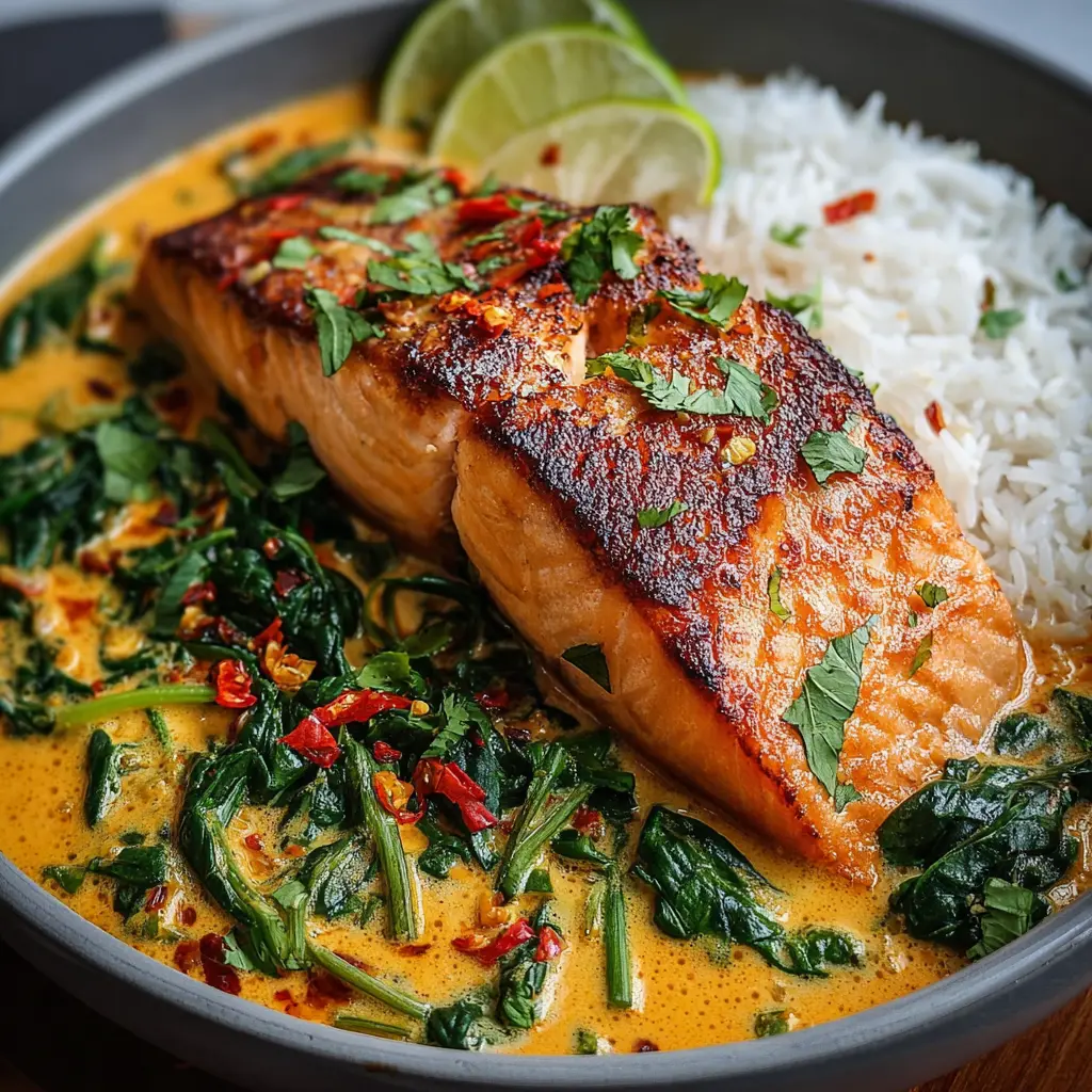 Salmón con curry de coco y espinacas frescas 🐟🥬