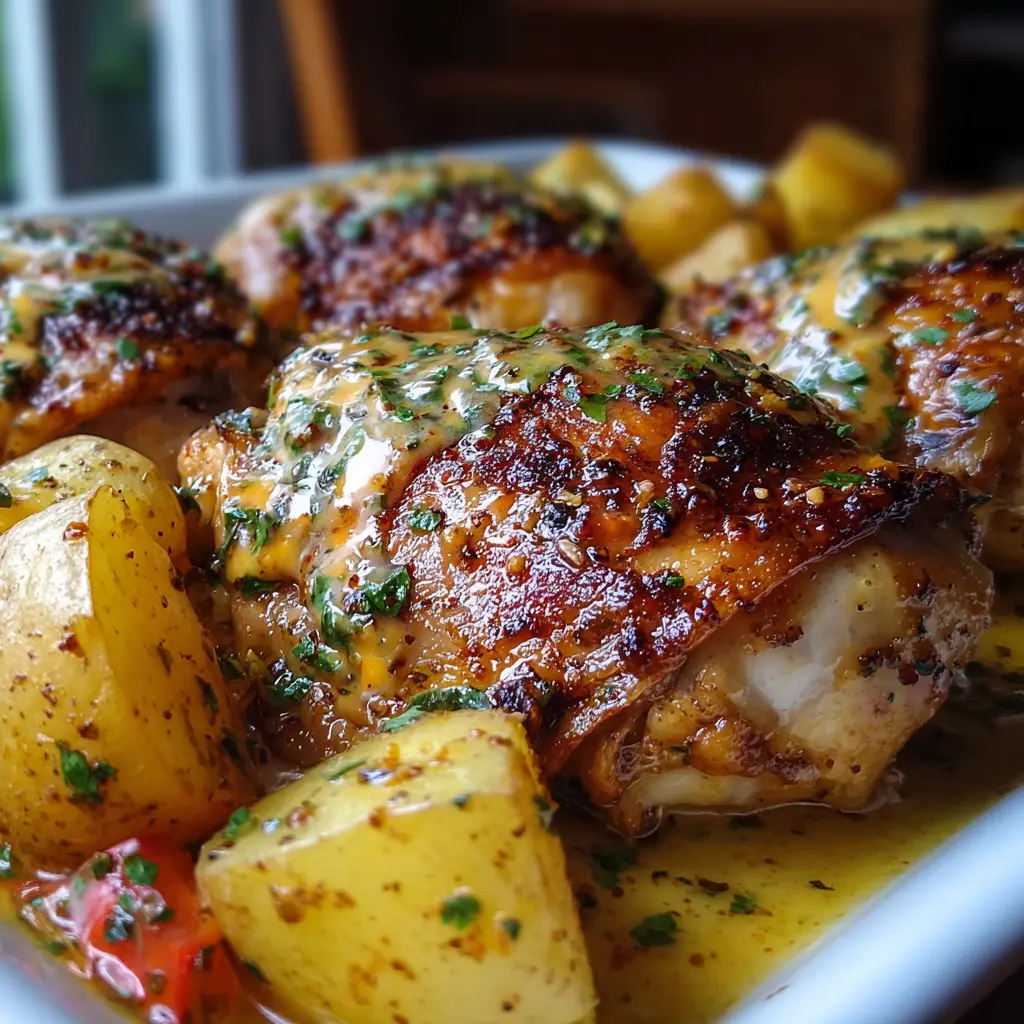 Pollo al Horno con Patatas y Salsa de Queso y Mostaza