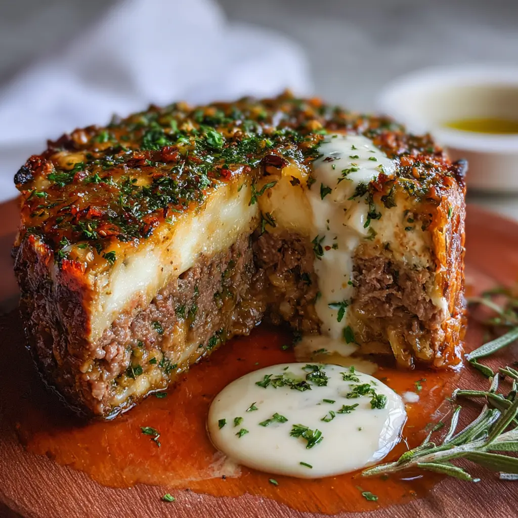 Pastel de Carne de Res con Costra de Hierbas y Salsa Blanca