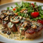 Filetes de Ternera en Salsa Cremosa con Champiñones y Ensalada Fresca