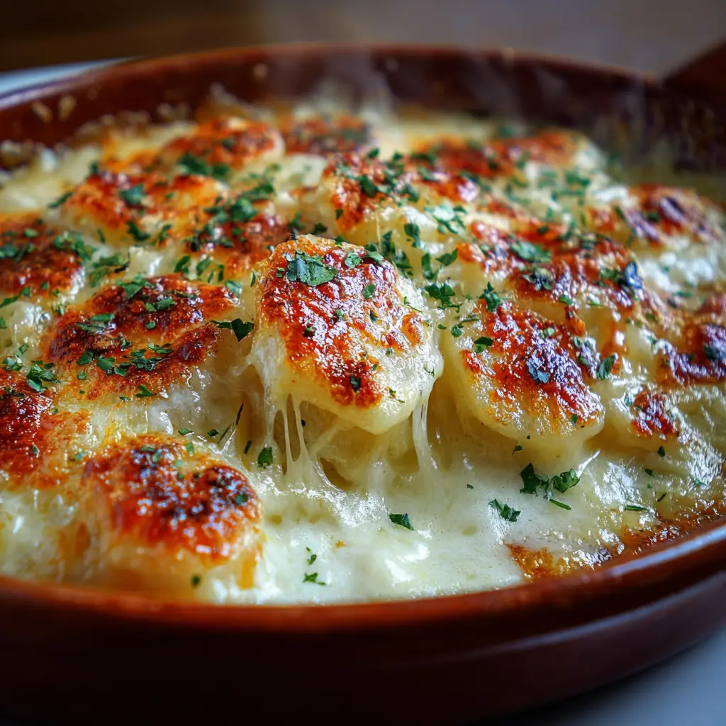 Gratinado Cremoso de Papas con Queso Cheddar y Mozzarella