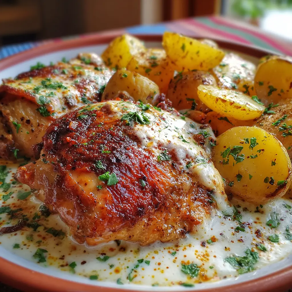 Pollo al horno con patatas y salsa cremosa de queso