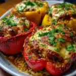 Pimientos rellenos asados con carne y arroz gratinados