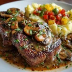 BISTEC CON SALSA CHAMPIÑONES Y PURÉ DE PAPAS