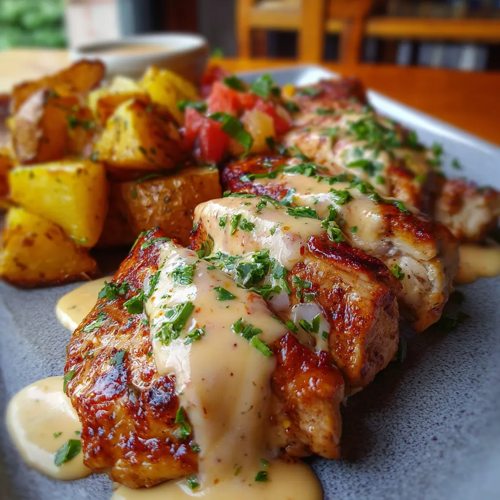 Pechugas de Pollo con Salsa Cremosa de Queso y Papas Asadas