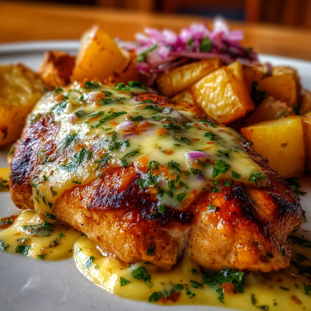Pechuga de Pollo con Salsa de Queso y Patatas Asadas