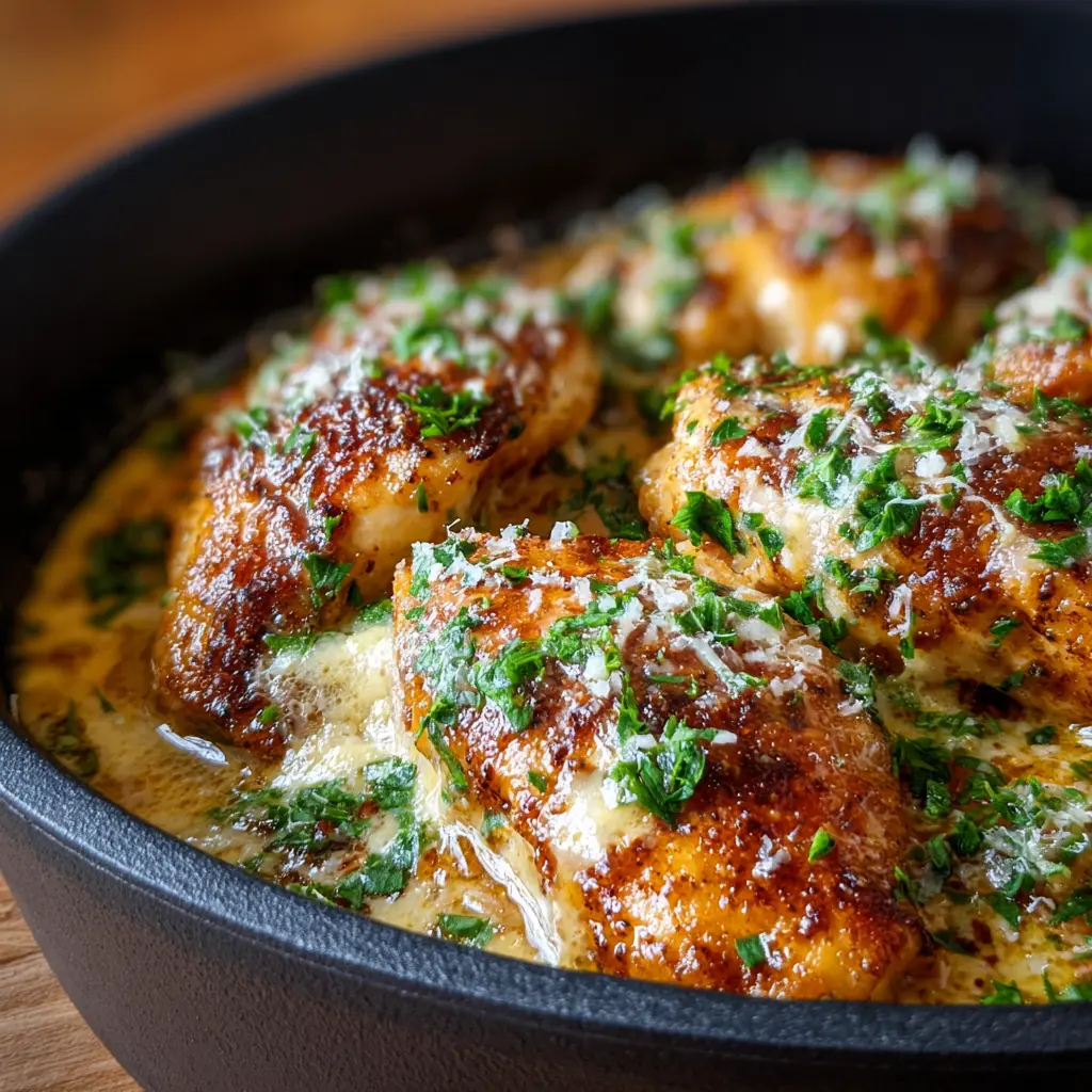 Pollo en salsa de nata, ajo y parmesano