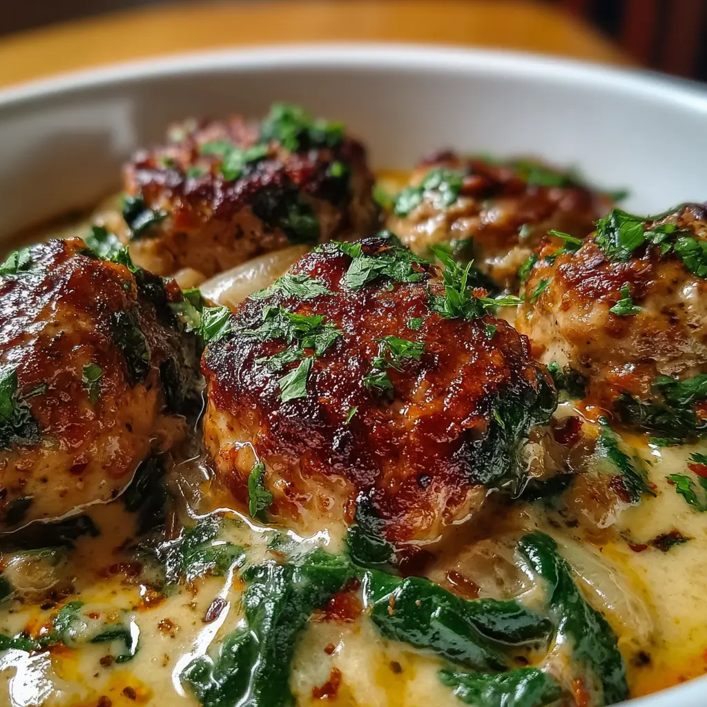 Albóndigas de Pollo con Salsa de Queso y Espinacas