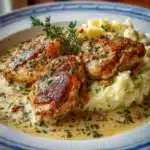 Pollo cremoso con puré de patatas al ajo