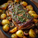 Pierna de cordero con ajo, hierbas y patatas