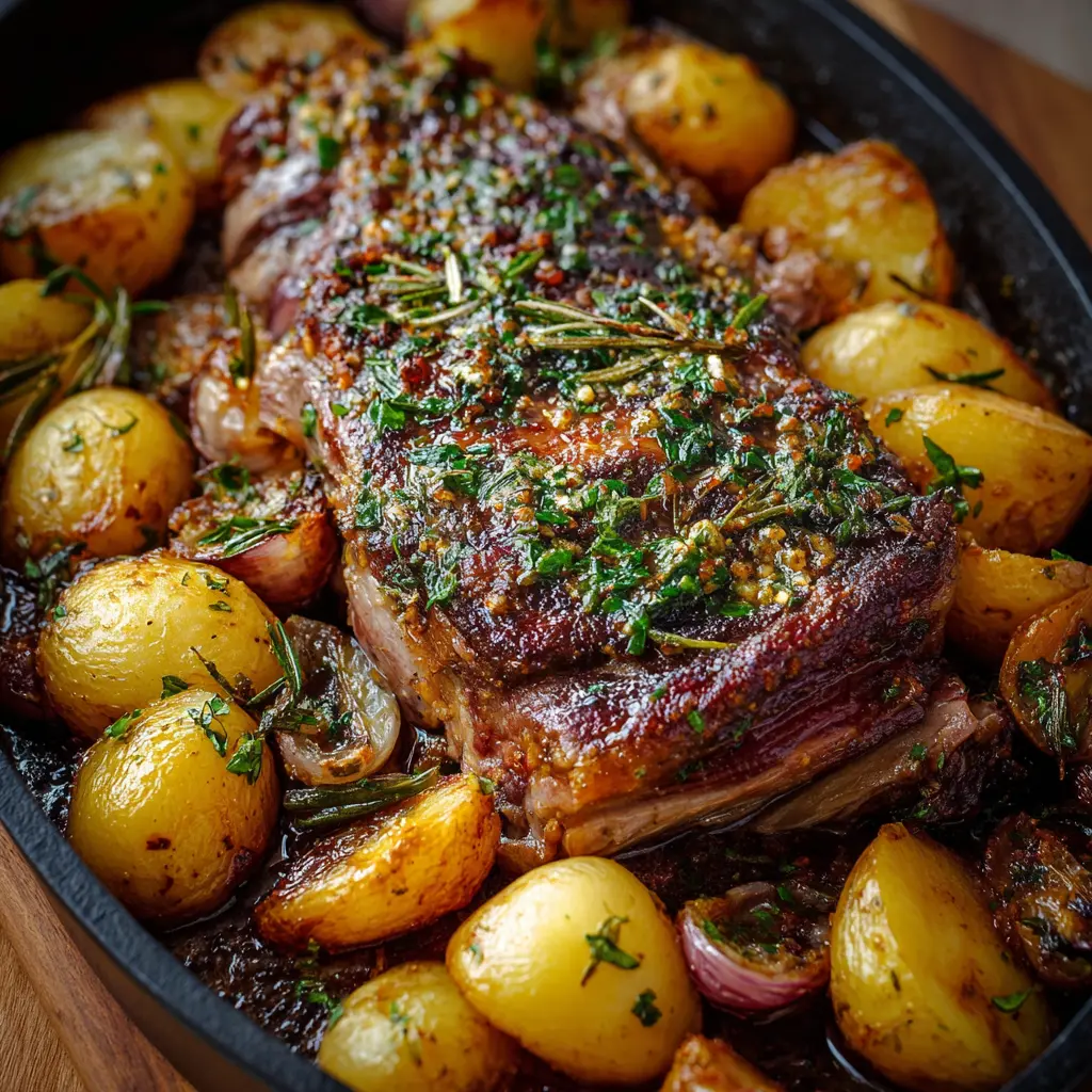 Pierna de cordero con ajo, hierbas y patatas