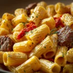 Pasta de Tubos Cortos con Dados de Res al Romero