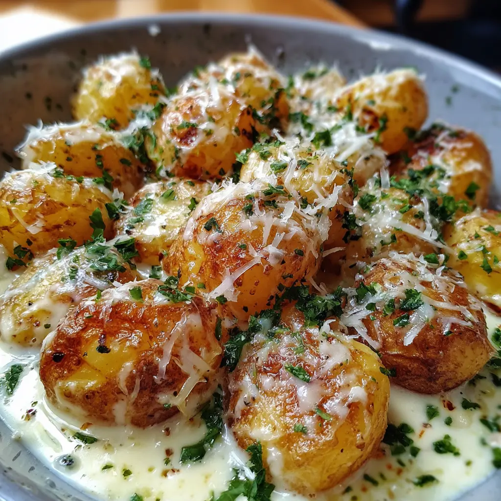 Patatas Mini con Salsa Cremosa de Ajo y Parmesano