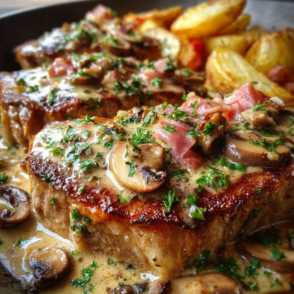 Filetes de res en salsa de nata, jamón de pollo y champiñones