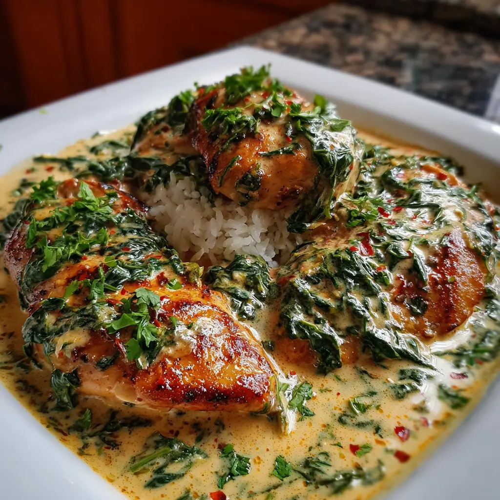 Pollo en salsa de espinacas y queso crema