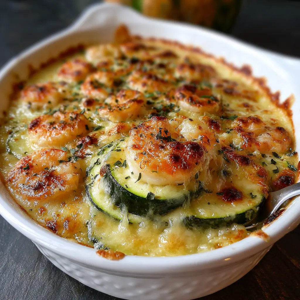 Gratinado Ligero de Langostinos y Calabacín con Queso Dorado