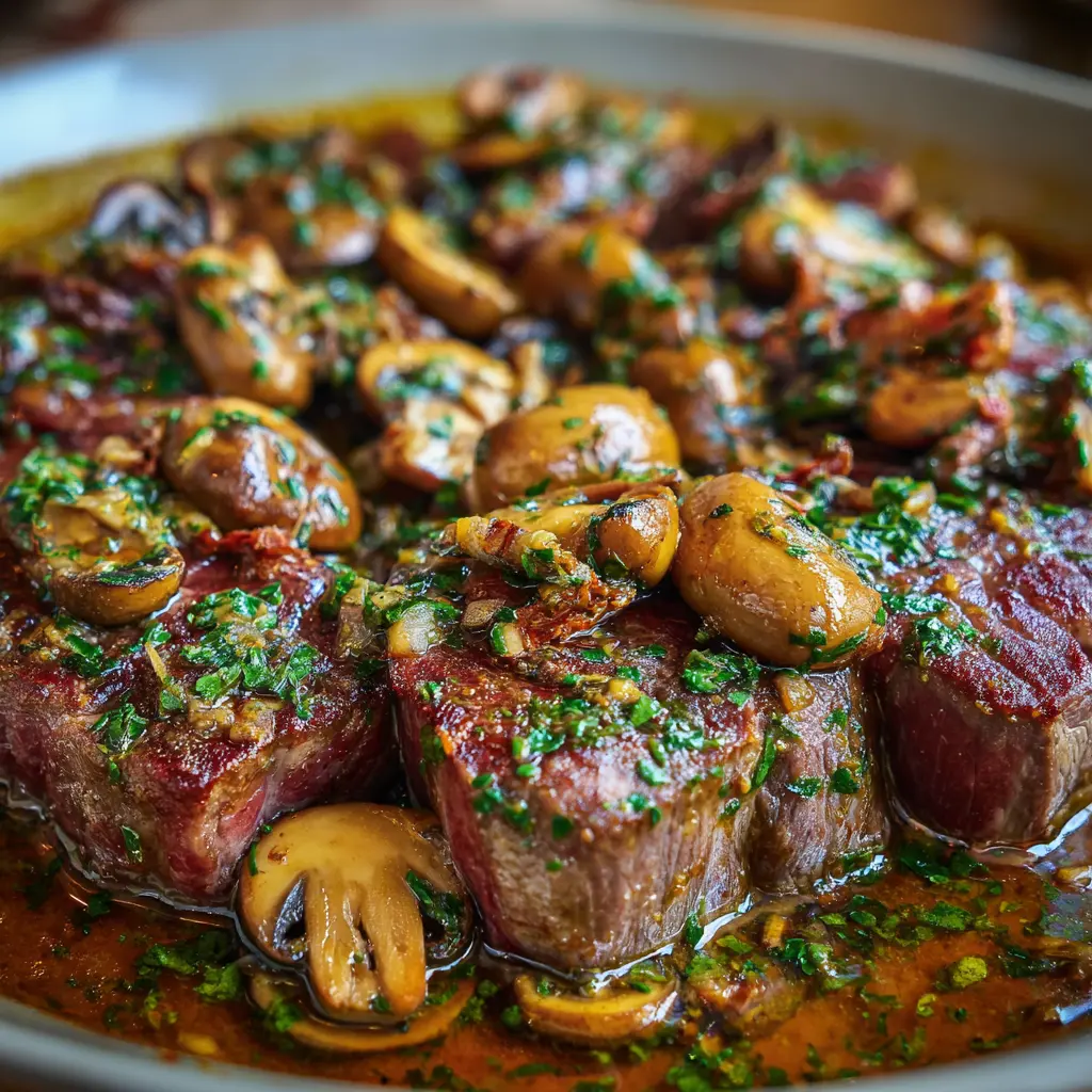 CARNE DE RES AL AJO CON CHAMPIÑONES.