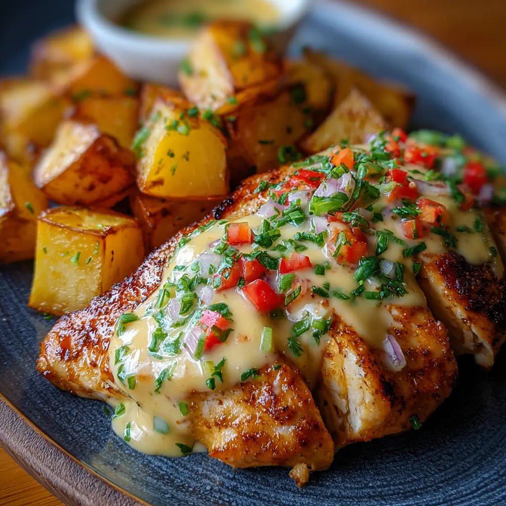 Pechuga de Pollo con Salsa Cremosa de Queso y Papas Asadas