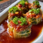 Rollitos de col rellenos de res en salsa de jitomate