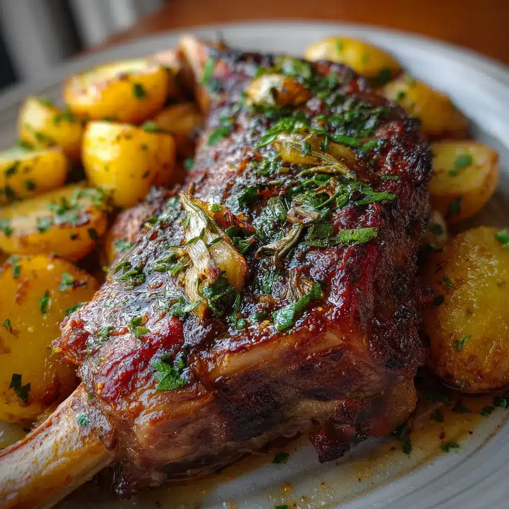 Pierna de cordero con ajo y hierbas y patatas asadas