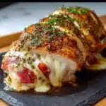 Pollo relleno de jamón y queso al horno a cambio de un simple gracias.