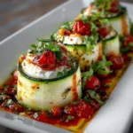 Rollitos de calabacín rellenos de burrata cremosa con glaseado de tomate