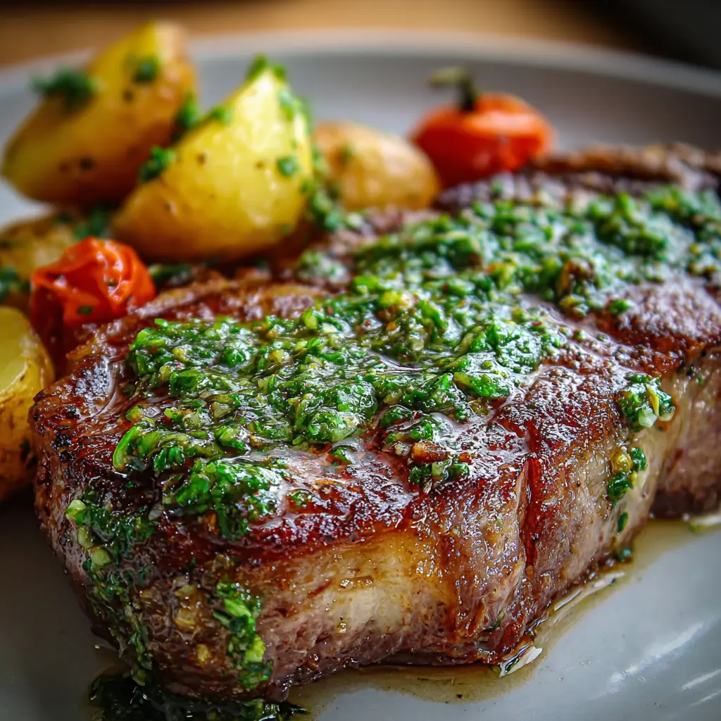 Ribeye con salsa verde y papas