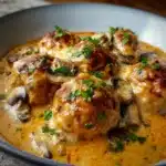 Albóndigas de Pollo en Salsa de Queso y Champiñones