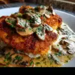 Pollo Dorado y Crujiente con Salsa de Champiñones y Parmesano