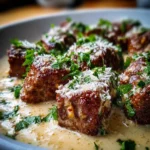 Trocitos de carne en salsa de mantequilla de ajo con crema de parmesano