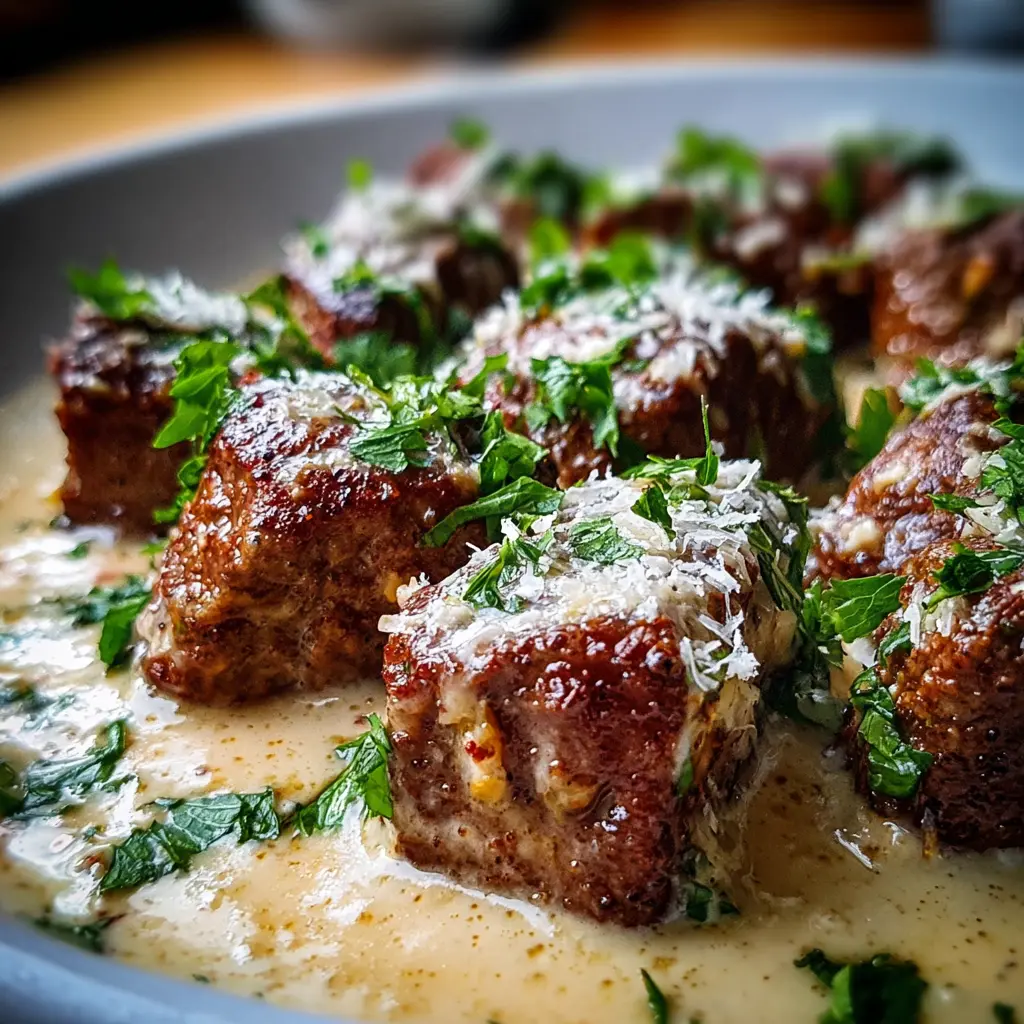 Trocitos de carne en salsa de mantequilla de ajo con crema de parmesano