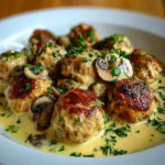 Albóndigas de pollo en salsa cremosa de champiñones