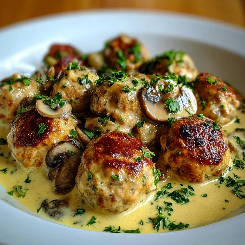 Albóndigas de pollo en salsa cremosa de champiñones