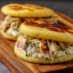 Arepas rellenas con pollo y cebollas