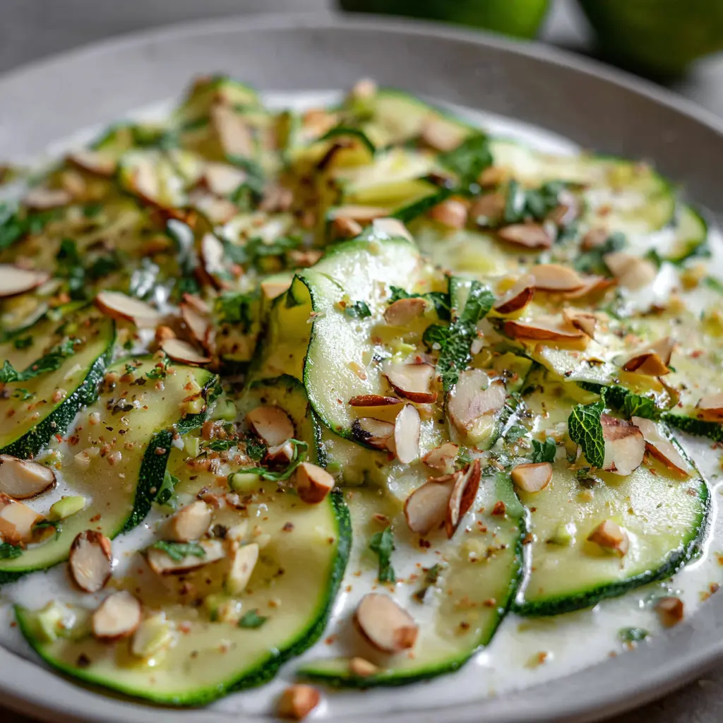 Carpaccio de zucchini con crema de almendras y lima