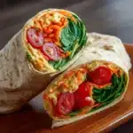 Wrap integral con hummus, espinaca, tomate cherry y zanahoria rallada