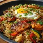 Wok de pollo, huevo y arroz integral